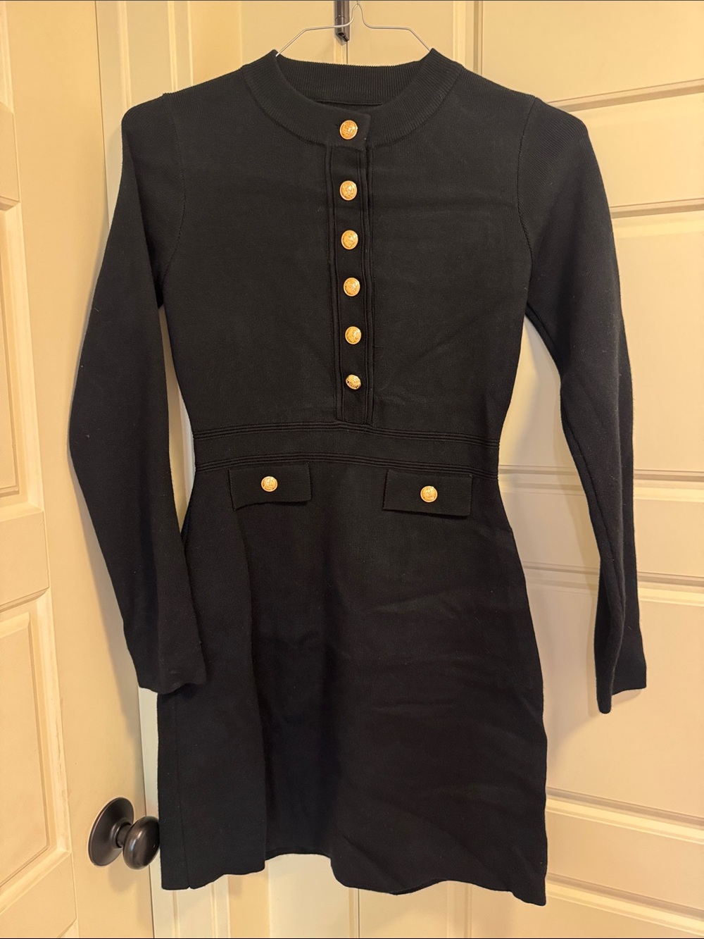 SHEIN Black Long-Sleeve Knit Dress with Gold Buttons